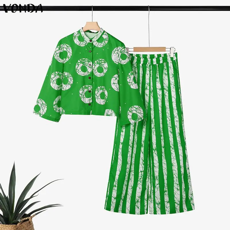 Ensemble 2 Pièces Grande Taille Femme 5XL | Boho Manches 3/4 | Chemise Imprimée & Pantalon Large | Vintage