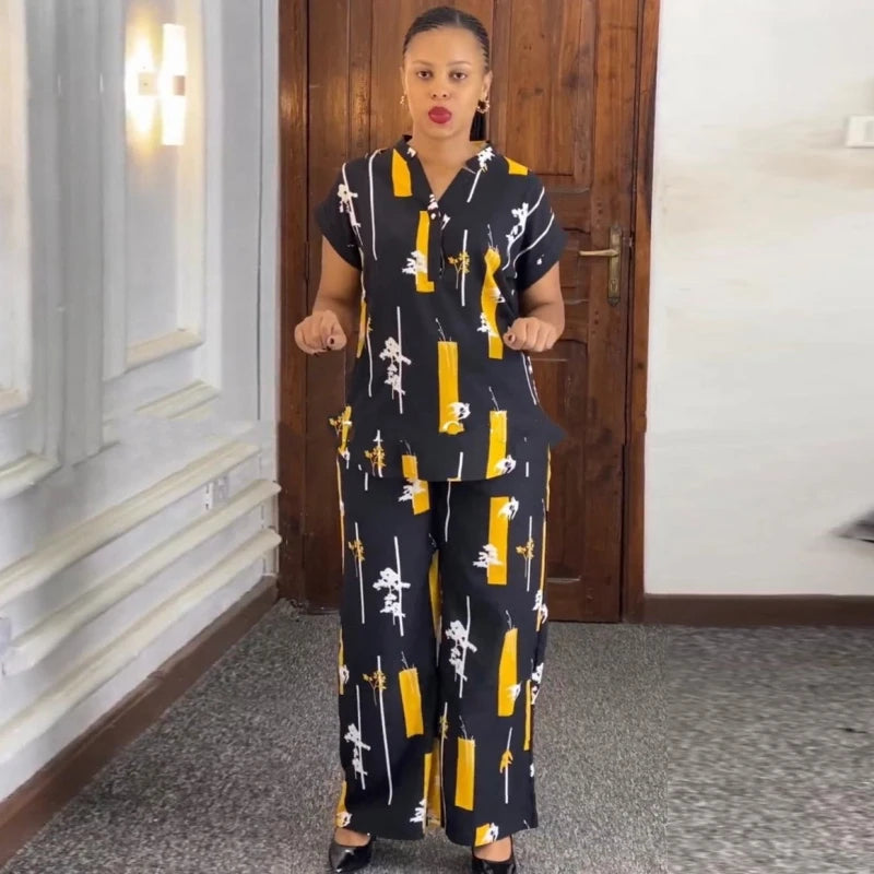 Ensemble Mode Africaine 2 Pièces Femme | Chemisier & Pantalon Droit | Tenue Coordonnée Été