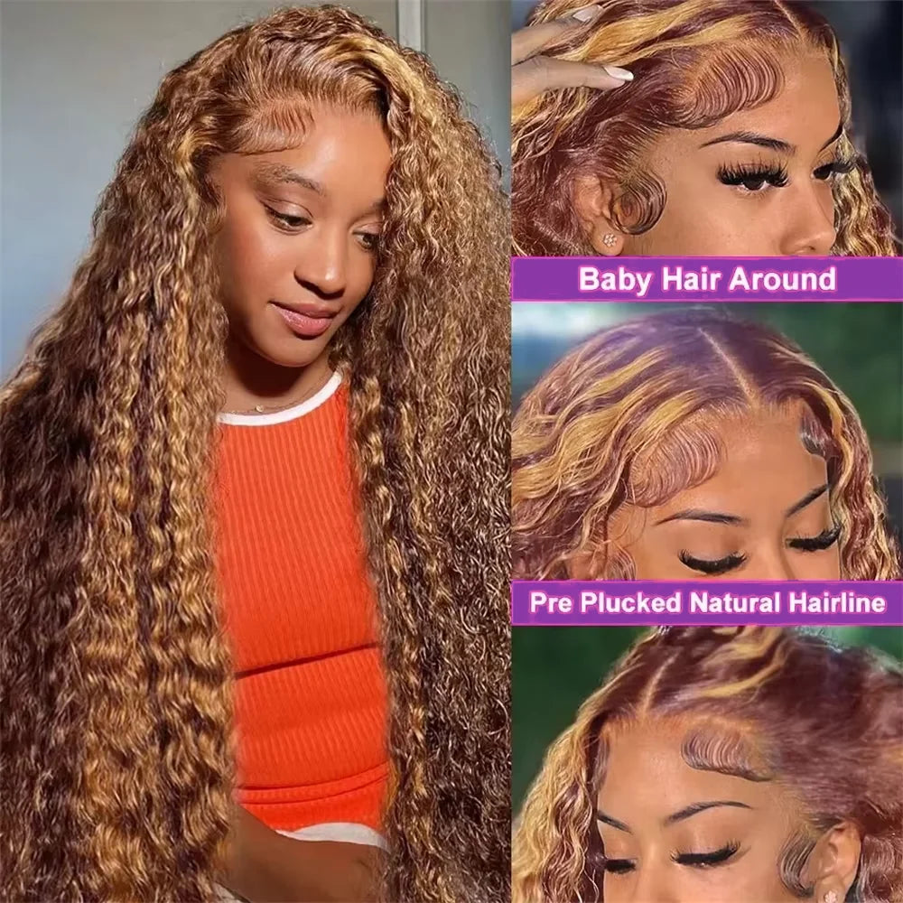 Perruque Deep Water Wave Highlight | Coloris 4/27 Miel Brun Ombré | 13x4 HD Lace Frontal | Cheveux Humains | Femme