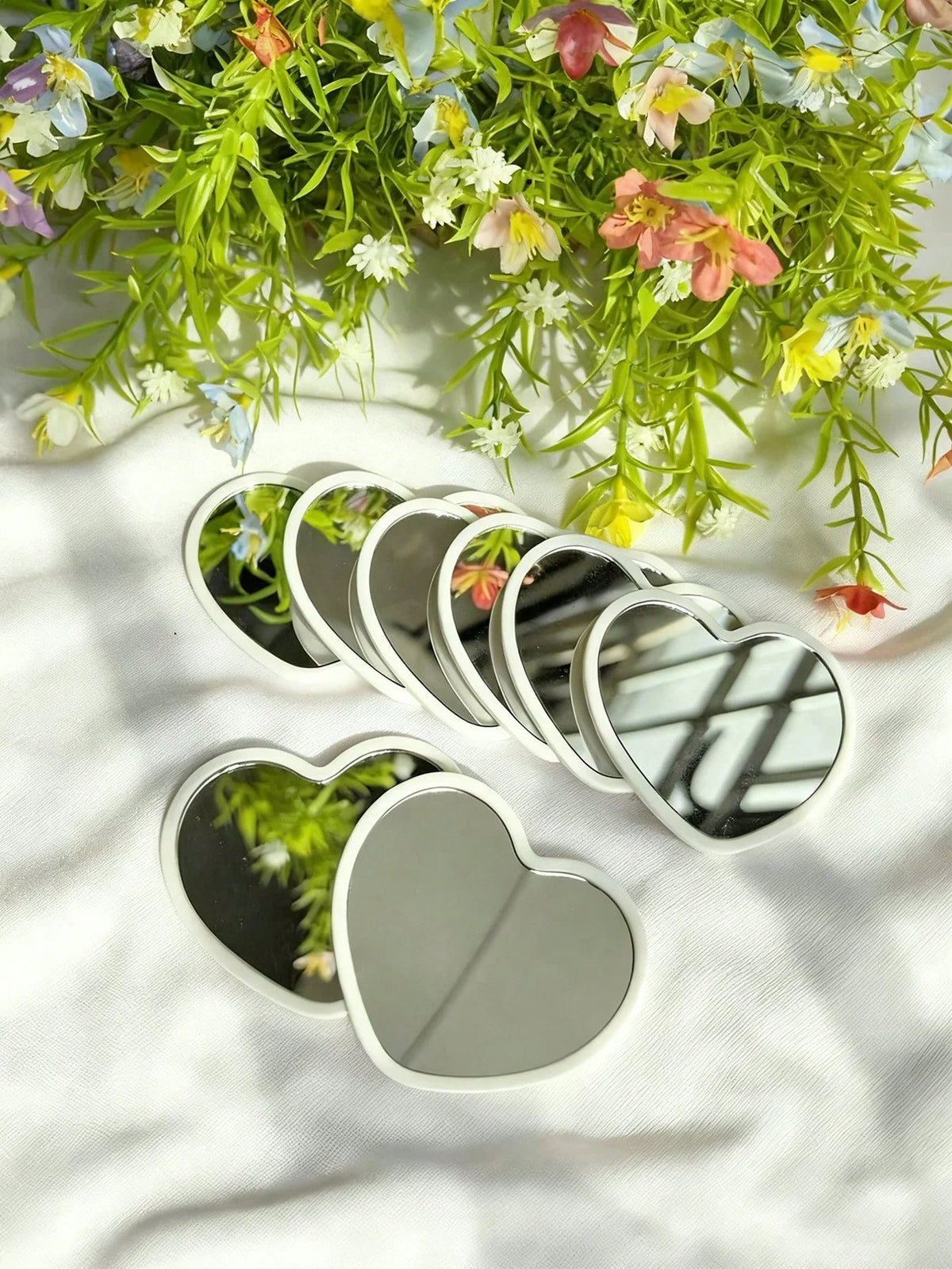 12 Heart-Shaped Mini Mirrors, Polished Surface, Plastic Frame, Tabletop Display, Unscented, Floral Theme, Portable, No Electricity Required, Stylish Tabletop Mirror | Durable Mirrors, Cute Compact Mirrors, Perfect for Birth