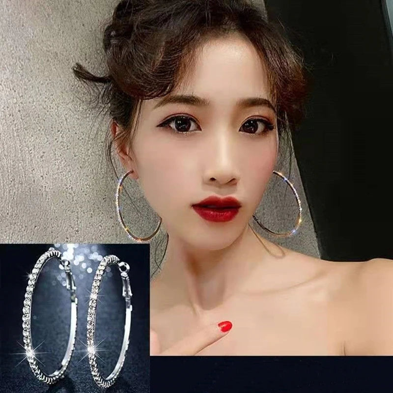 Grandes Boucles Créoles 30-80mm | Cristal Strass Cercle | Noir Or Argent | Femme Fille | Fête Cadeau
