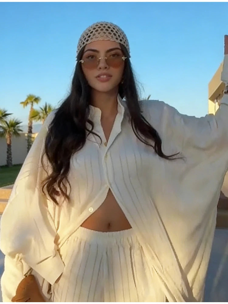 Beige Two-Piece Set Women Oversized Button-Down Shirt & High Waist Wide Leg Pants Y2K Summer Vacation Kaftan Outfit
