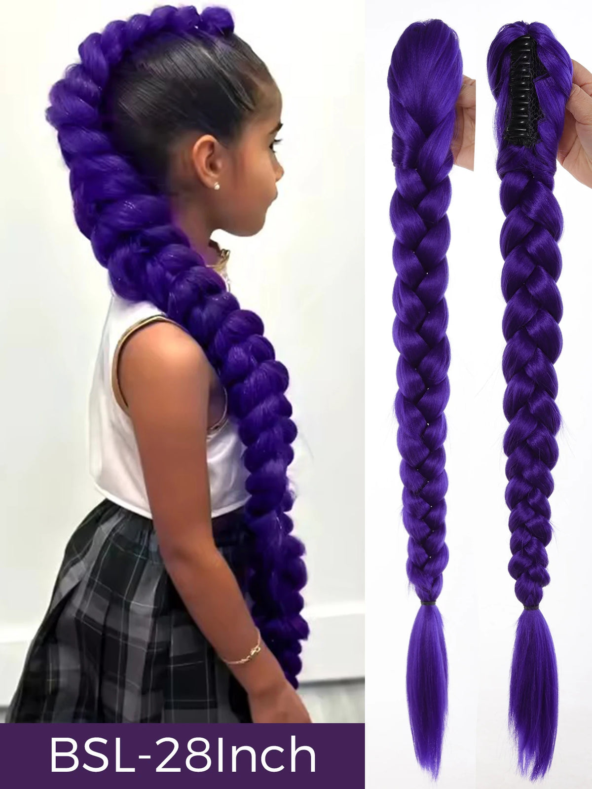 Queue de Cheval Tressée Violette | 32 Pouces | Tinsel Brillant | Extensions Super | Cosplay & Noël | Enfants & Filles
