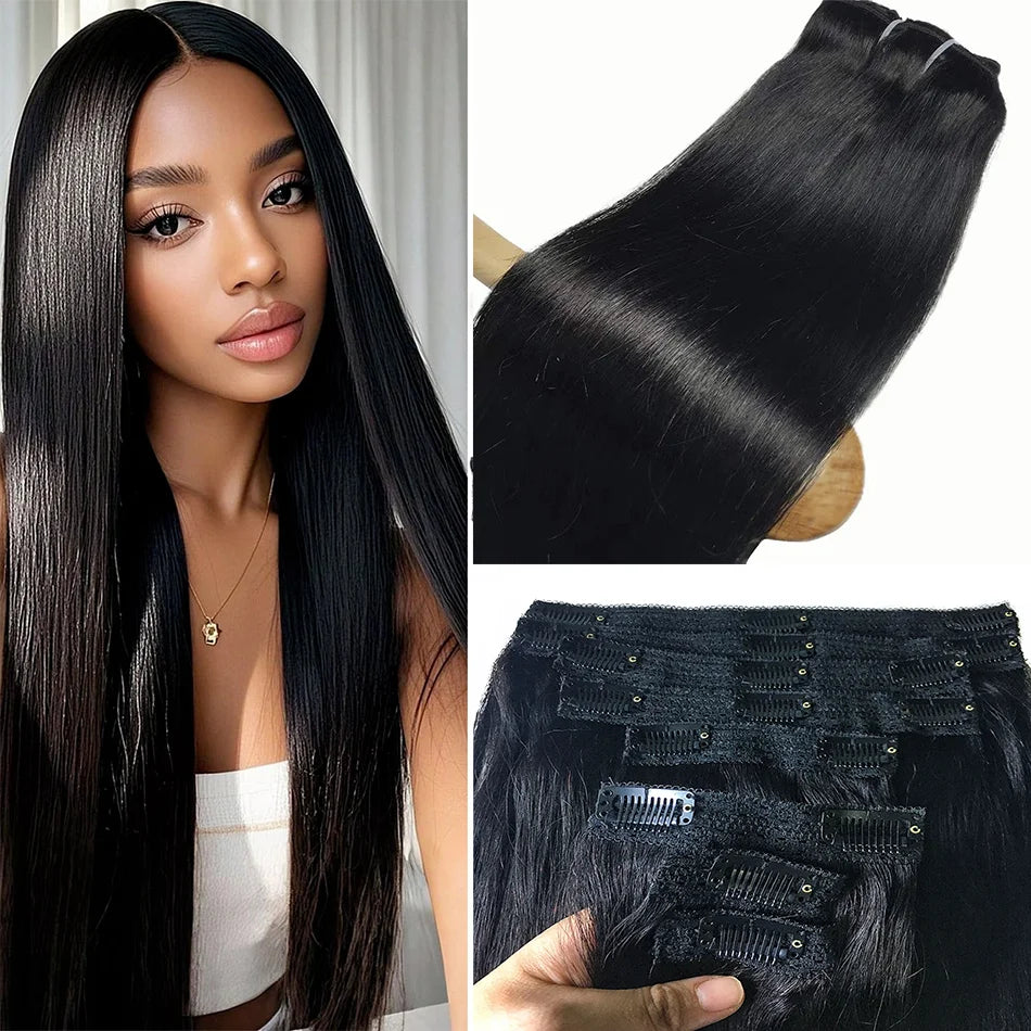 Extensions à Clips Cheveux Humains | Noir Naturel | 18 Clips | 8 Pièces | Volume Complet | Femme