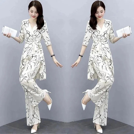 2 Piece Set Women Casual Fashion Printing Pants Suit Short Sleeve Tops +Wide Leg Pants 2 Piece Outfits Women White Set Summer4XL