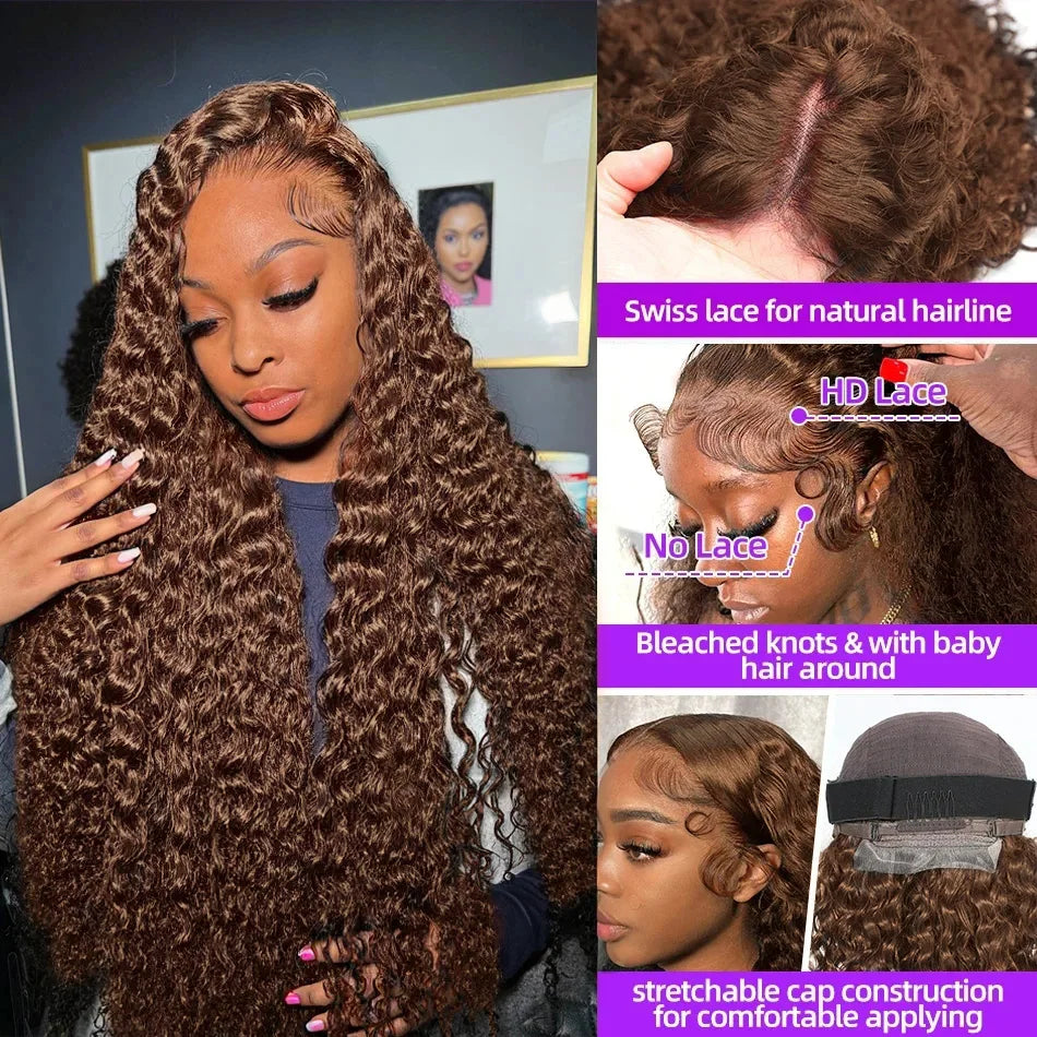 250 Density Chocolate Brown Deep Wave Human Hair Wig 30-38 Inch Transparent Lace Frontal Wigs 13x6 Lace Front Water Curly Wigs