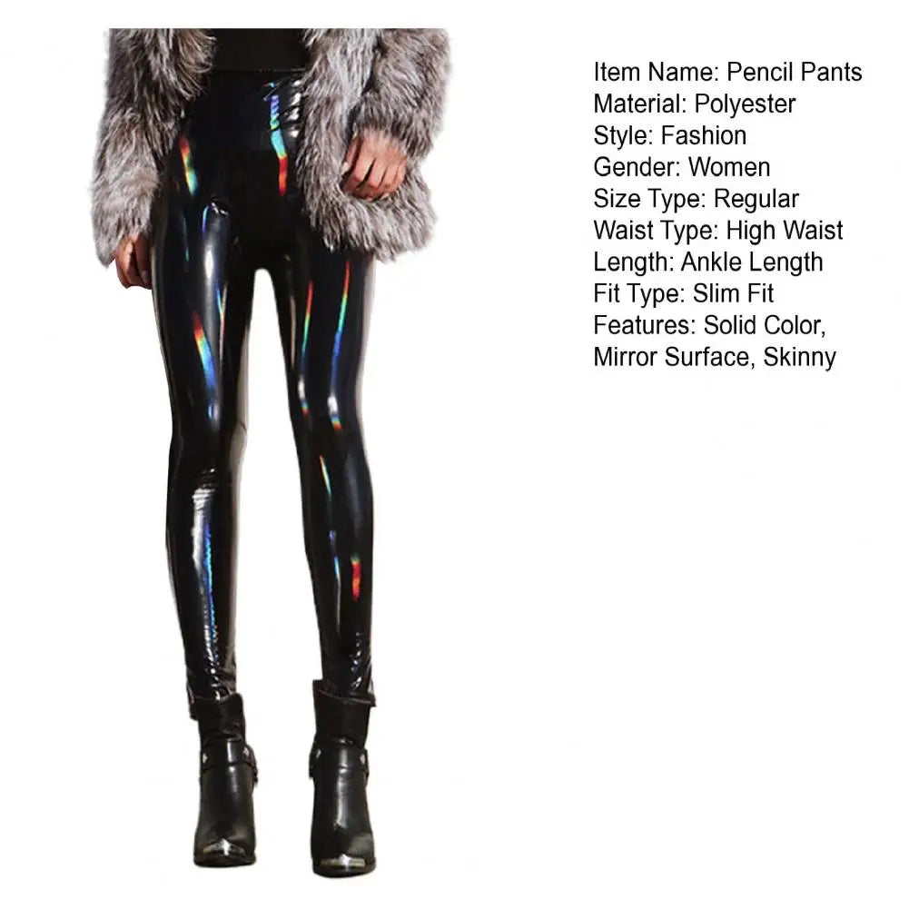 Pantalon Crayon Faux Cuir Femme | Taille Haute Miroir Brillant | Slim Soirée Nightclub | Sexy