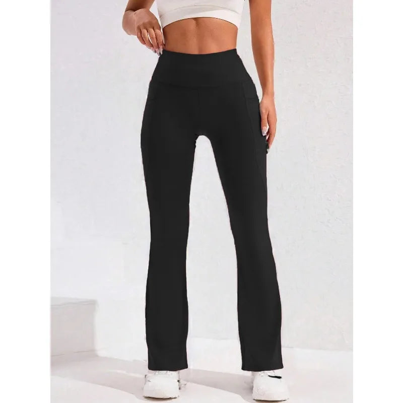 High Waist Flare Leg Yoga Pants Women with Pocket Push Up Butt Running Tights Wide Leg Pants Gym Outdoor Cycling Leggings