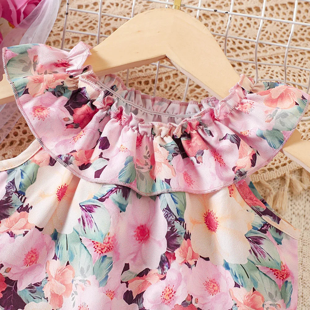 Kids Casual Summer Clothing Sets Outfits for Girls 2026 New Toddler Floral Print Ruffles Tops Short Pant Fashion Children 1-8Y