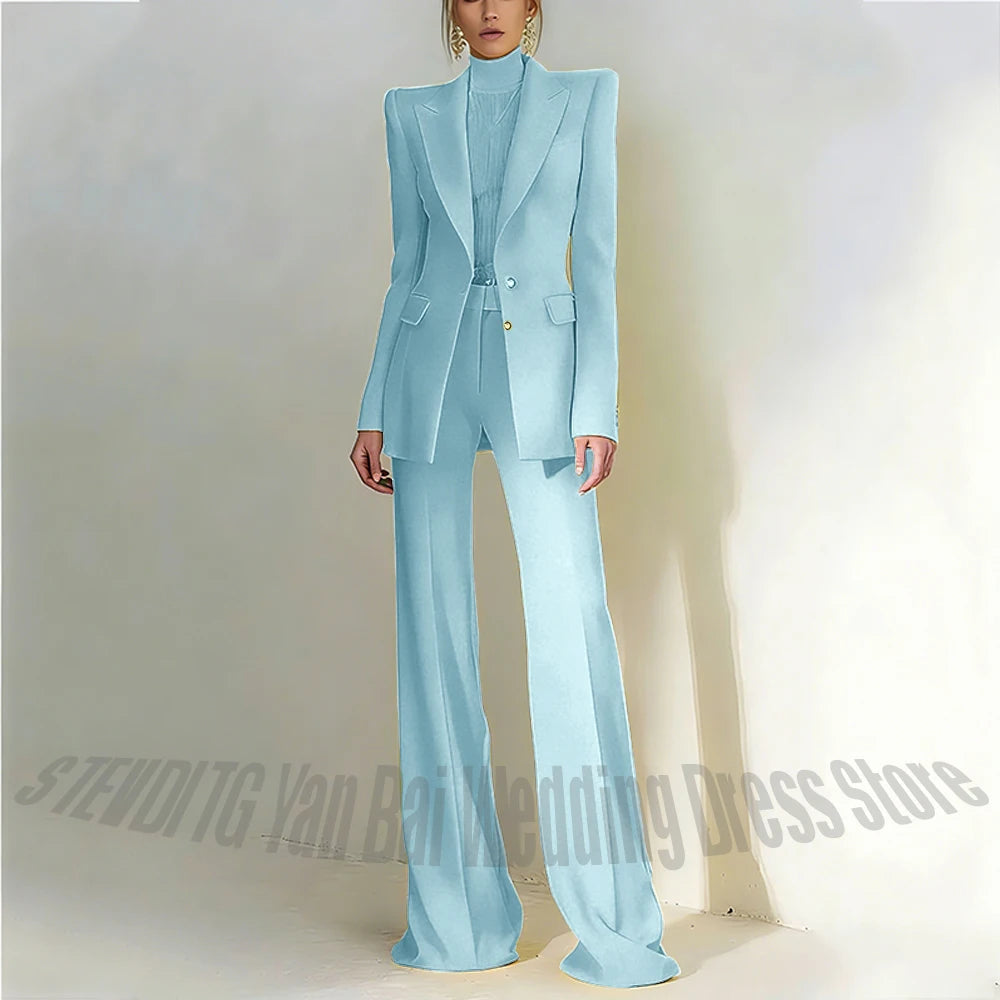 Women's Pant Suit 2 Piece Set Office Female Business Work Formal Jacket Trouser One Button Chic Yellow Peaked Lapel Elegant Suit