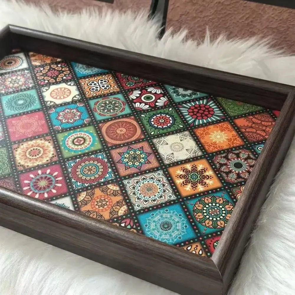 Plateau Bohème en Bois Fait Main 30x20 cm | Mosaïque Colorée | Rangement Bureau & Entrée