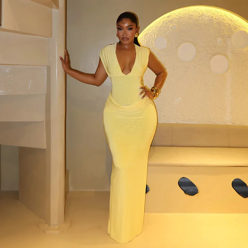 Robe Maxi Bodycon Jaune Froncée | Col V Sans Manches | Slim Longue | Soirée & Club | Femme