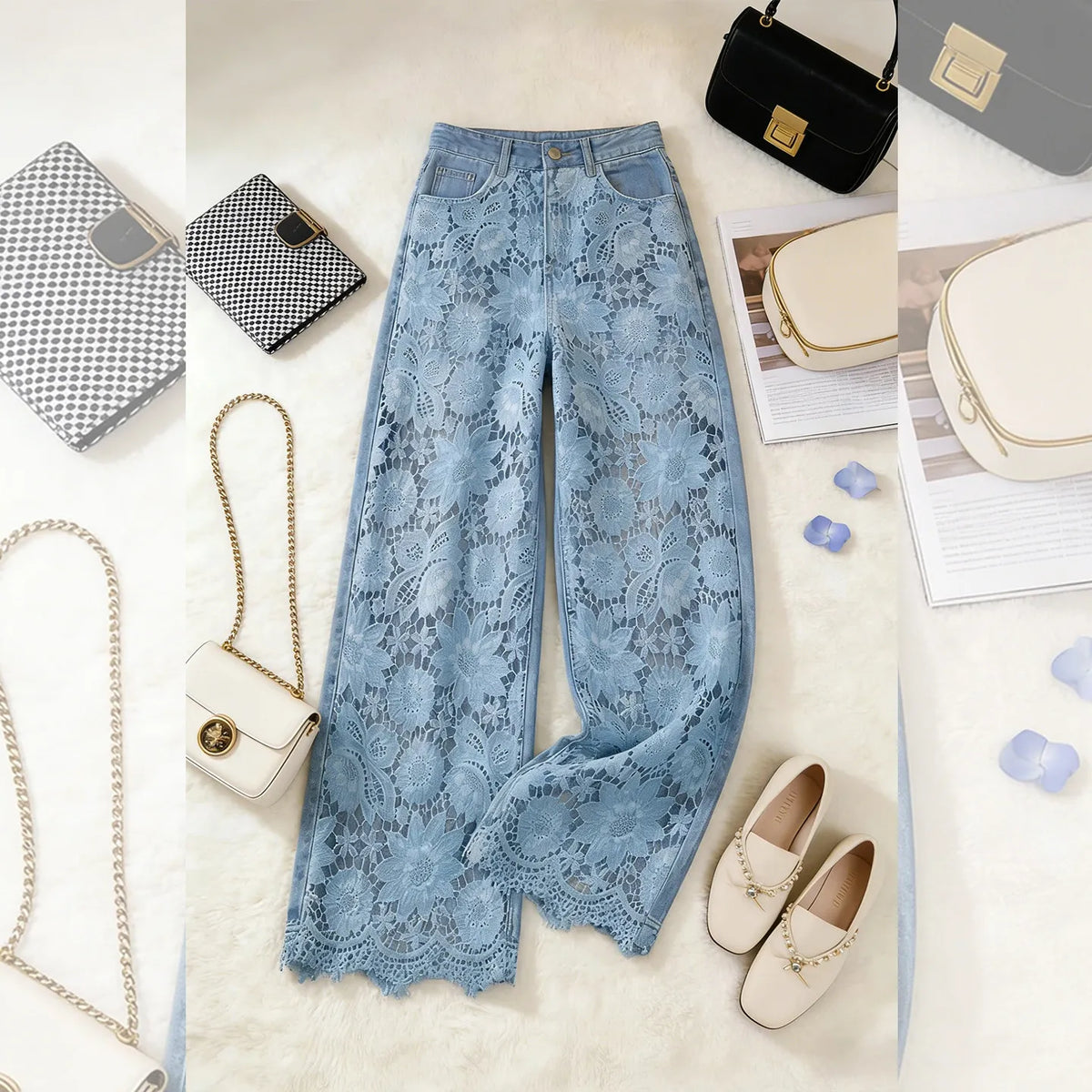 High Waist Wide Leg Pants Lace Splicing Hollow out Loose Fit Straight Cut Jeans Women's Spring Fashion Casual Trousers