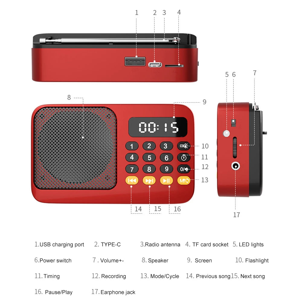 Portable FM Radio with Flashlight Rechargeable Radio TF Card/U Disk Bluetooth 5.0 MP3 Music Player Wireless Speaker
