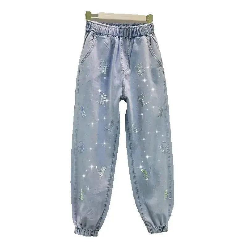 High-Waisted Jeans For Summer 2026 New Loose Elastic Waist Hot-Pressed Diamond Pants Women's Casual Denim Trousers