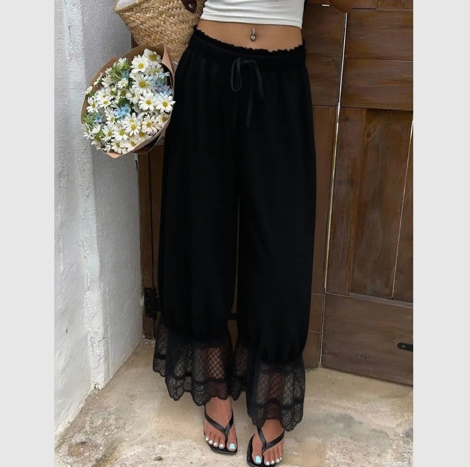 Women's Wide Leg Pants White Polyester Lace Trim Hem Casual Loose Fit Summer Trousers Wide Leg Pants