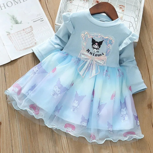 Fashion Girls' Dress Spring Autumn Mesh Cartoon Kuromi Long Sleeve Princess Dresses for 2-6 Years Kids Birthday Party Costume