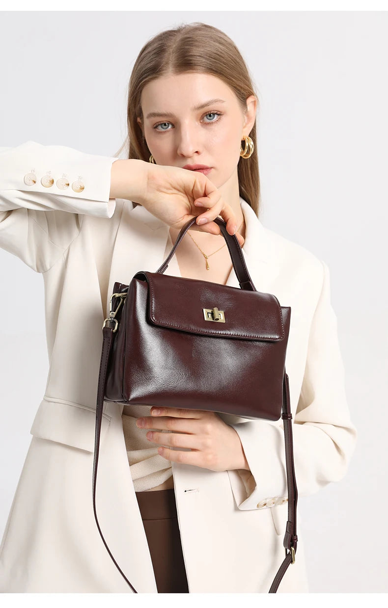 Sac à Main Cuir Véritable Femme | Top Handle Vintage | Cire Huile | Bandoulière Croisée | Designer Luxe