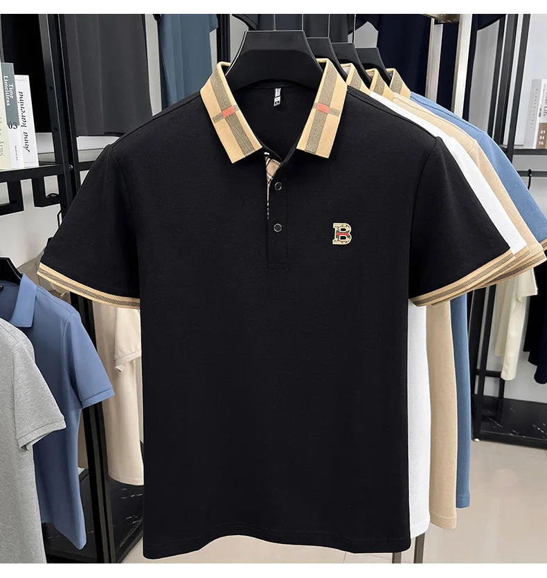 Luxury brand logo short-sleeved polo shirt for men's summer new high-end silk-cotton breathable casual fashion T-shirt clothing
