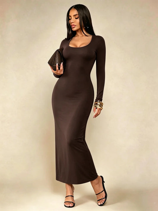 Women's Solid Long Sleeve Bodycon Dress, Chic Basic Minimalist Casual Fashion Scoop Neck Long Dress, Womenswear