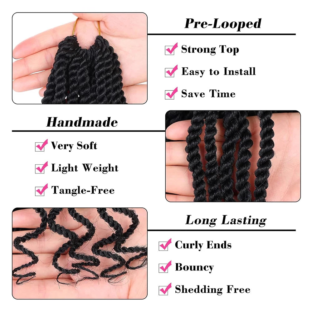 Tresses Senegalese Twist Ondulées Crochet | 8 Pouces | Bouts Bouclés | Noir Synthétique | Lot 8 Paquets