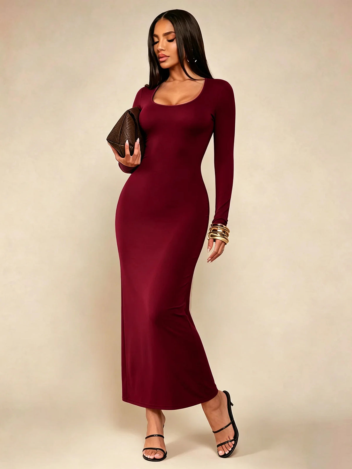 Women's Solid Long Sleeve Bodycon Dress, Chic Basic Minimalist Casual Fashion Scoop Neck Long Dress, Womenswear