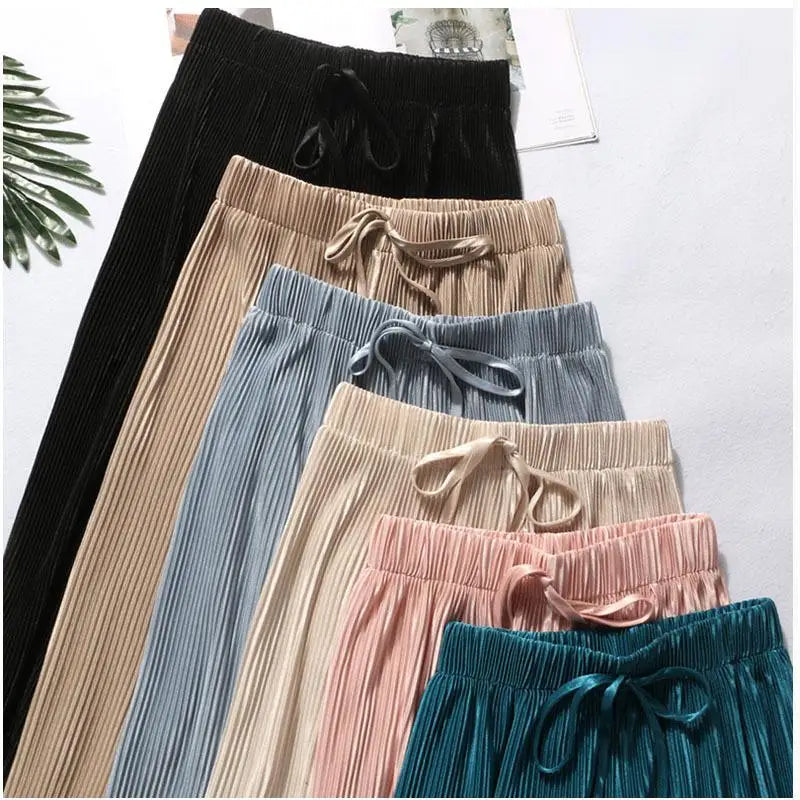 Pantalon Large Plissé Soie Glacée Femme | Taille Élastique Ample | Casual Été Mode