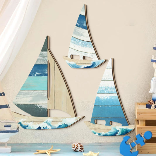1 set of 2D blue ocean style sailboat wooden wall decoration, seaside vacation style farmhouse wall decoration, home decoration