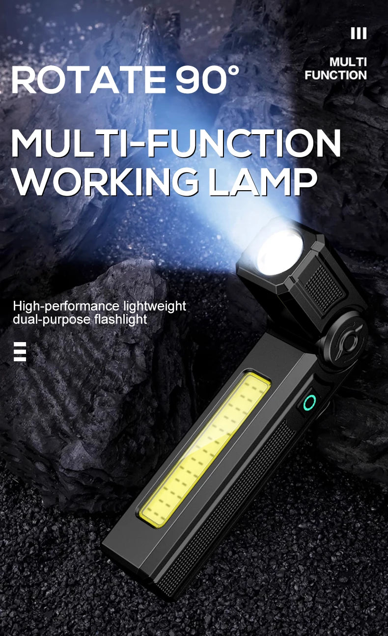 Portable Rechargeable Work Lights LED Folding Torch with Magnetic Base COB Light 90°Rotate Camping Emergency Lamp