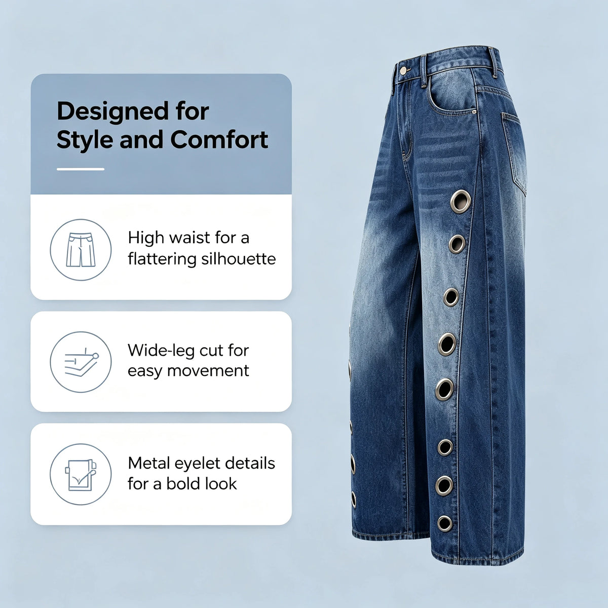 Missuoo Women's Washed Blue High-Waist Metal Grommet Wide Leg Jeans 2026 Casual Loose Fit Streetwear Pants Casual Trousers