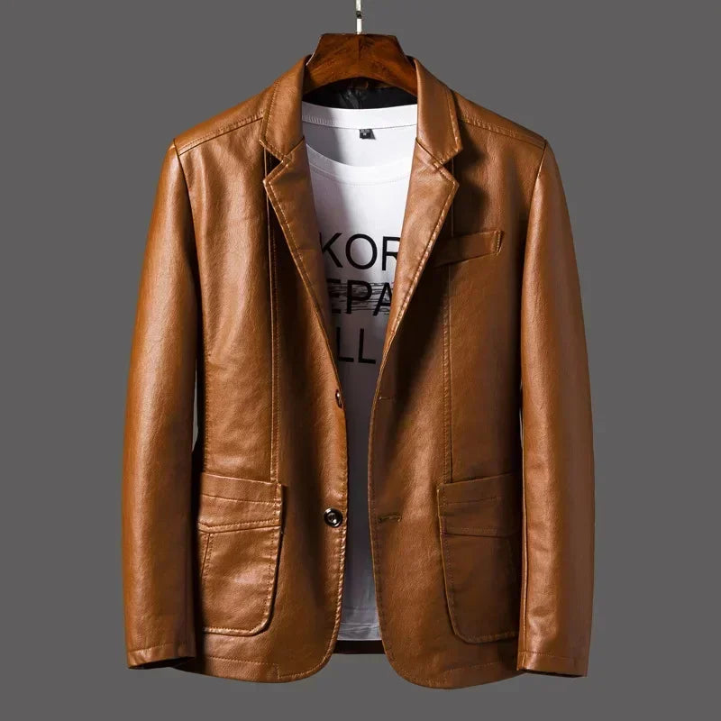 New Leather Jacket Men's Business Casual Lapel PU Leather Blazers Fashion Solid Slim Korean Style Leather Coat Big Size 6XL