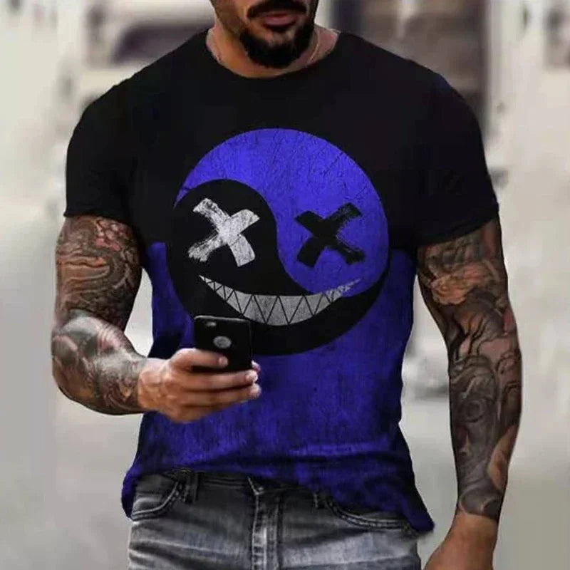 2026 New Oversized T-Shirt for Men, Casual Short Sleeve Hip Hop Smiling Face Print, Plus Size Tee Shirt Pullover, Men's T-Shirt Top