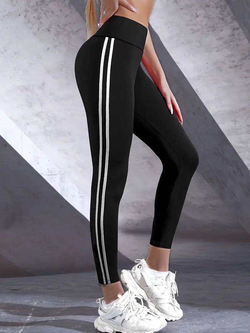 Women's High-Waisted Elastic Leggings - Thin Double-Stripe - Spring/Autumn - Running Sports - Tight-fitting Small Feet Design - Nine-Point Length