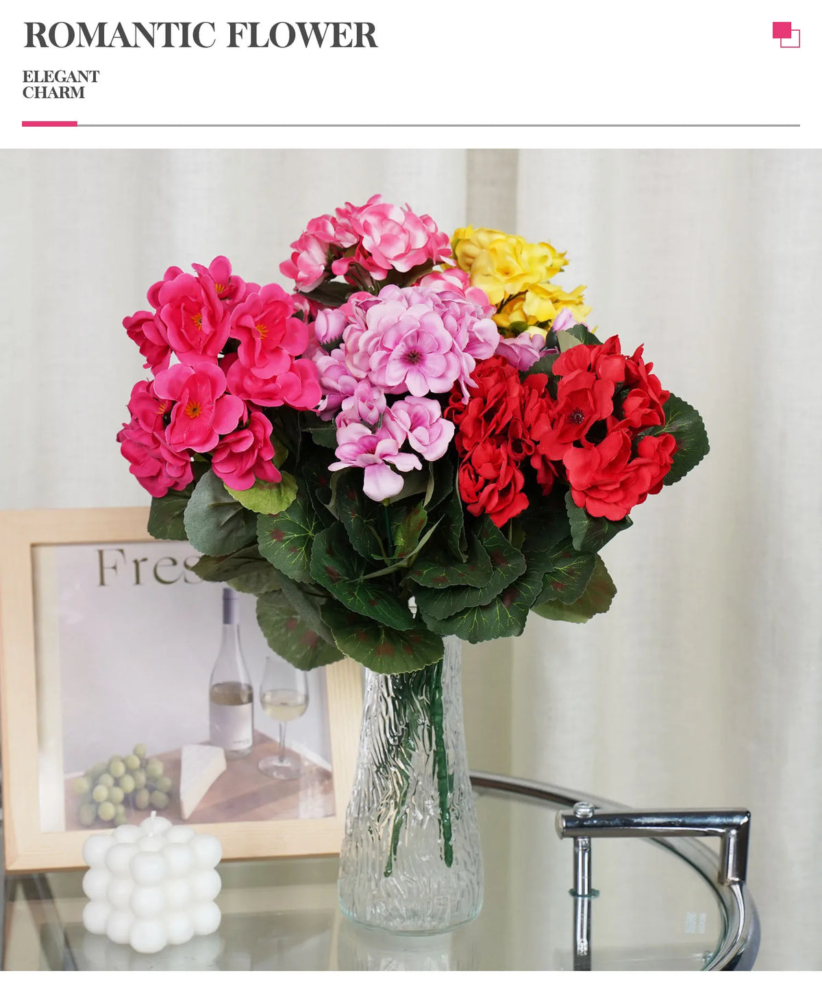 Uflower 1Pc Artificial Begonia Flower Plants for Wedding Bouquet Home Garden Bonsai Christmas Wreath Decor