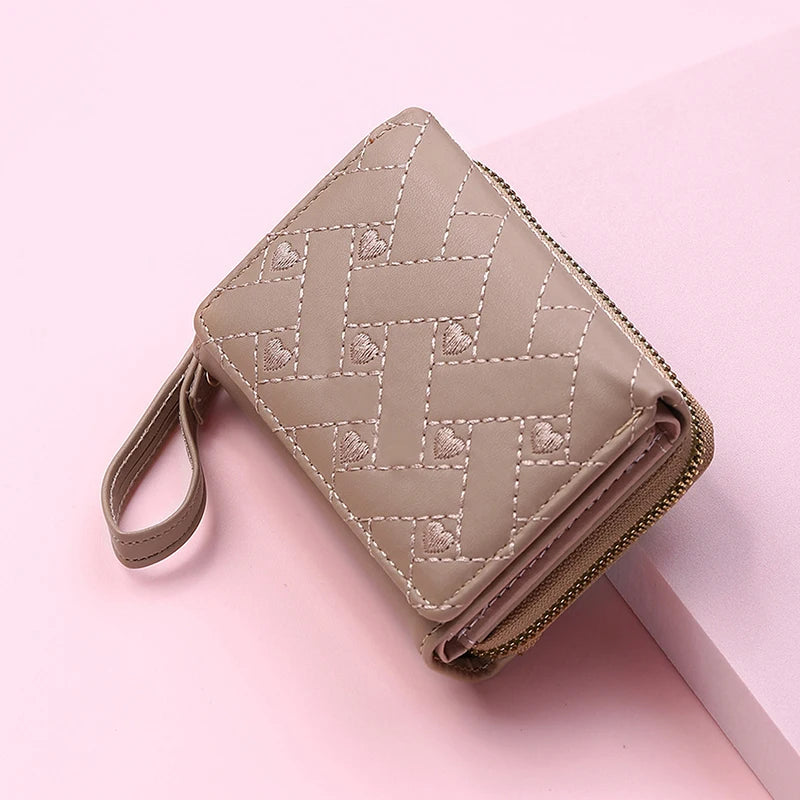 Women's Tri-Fold Wallet PU Card Holder Multi-Object Pocket Short Fashion Embroidered Love Pattern Korean Minimalist New 2023