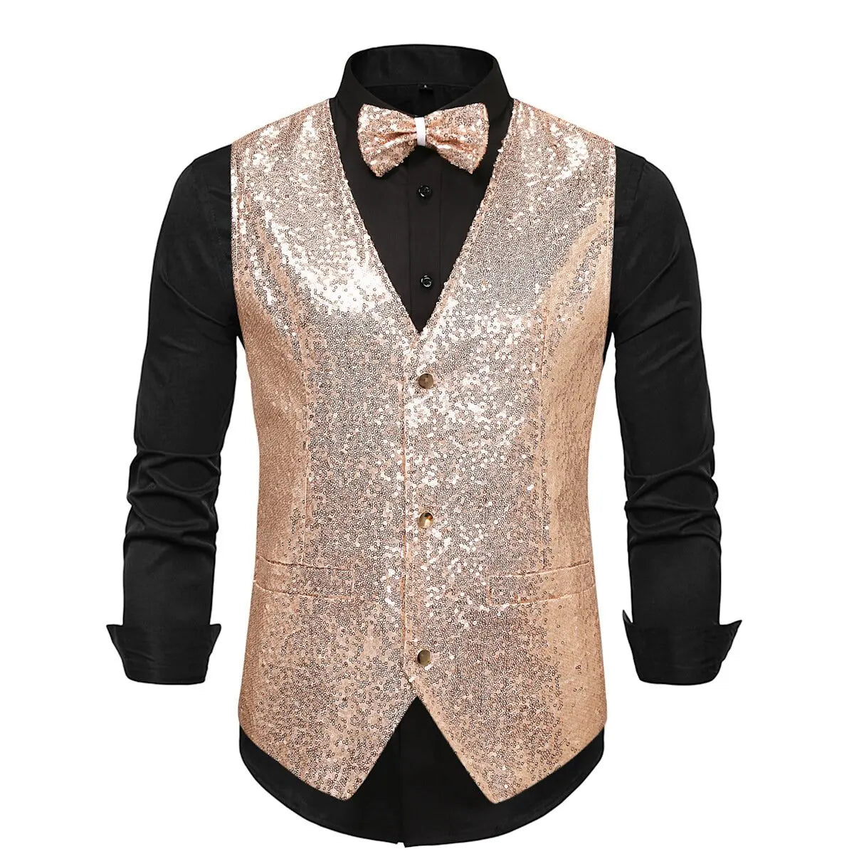 Luxury Vest for Men V-neck Slim Sparkling Tailcoat Solid Plain Waistcoat Bowtie Set Wedding Party Formal Sleeveless Jacket