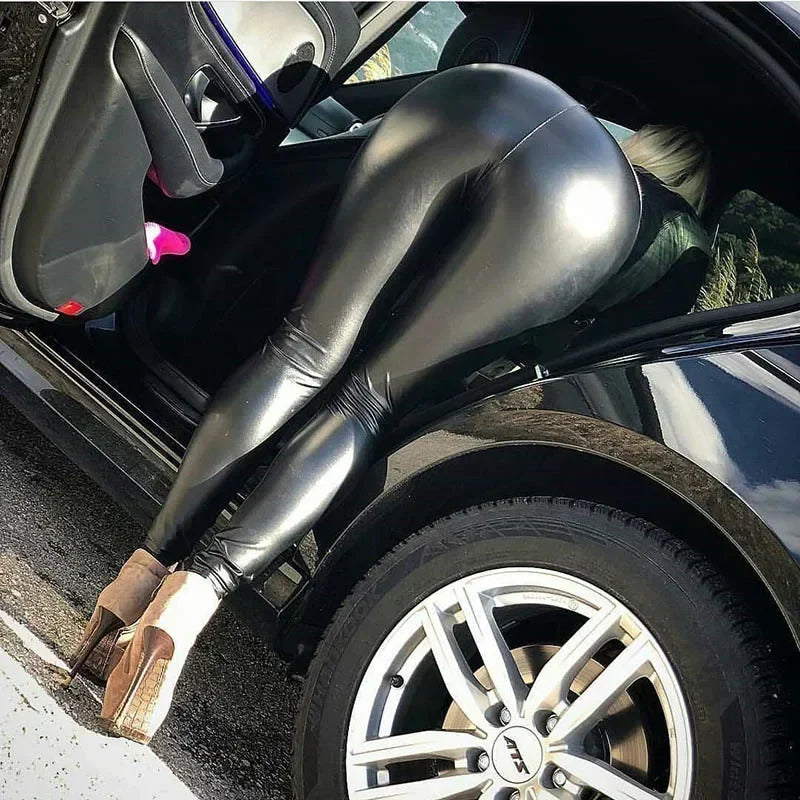 Collant Cuir PU Noir Femme | Taille Haute Élastique Slim | Mode Lift Fesses | Legging Skinny Grande Taille