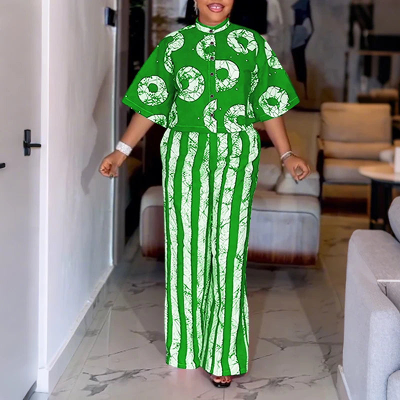 Ensemble 2 Pièces Grande Taille Femme 5XL | Boho Manches 3/4 | Chemise Imprimée & Pantalon Large | Vintage