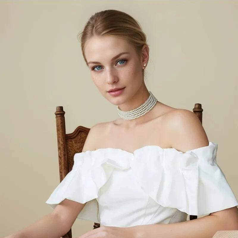 Collier Perle Blanche Multicouche 3-5 Rangées | Choker Bohème | Bijou Mariage Anniversaire Femme
