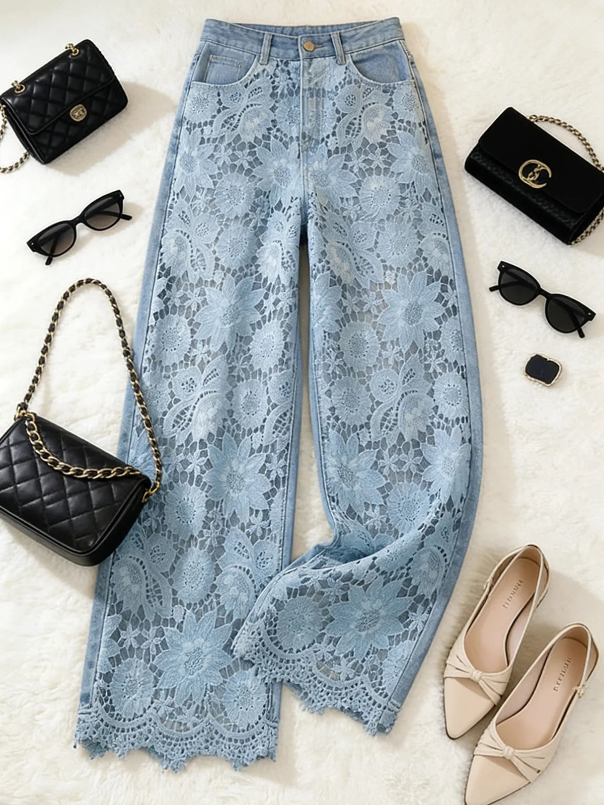 High Waist Wide Leg Pants Lace Splicing Hollow out Loose Fit Straight Cut Jeans Women's Spring Fashion Casual Trousers