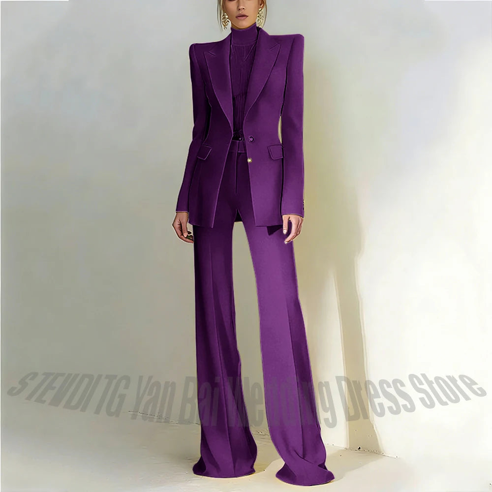 Women's Pant Suit 2 Piece Set Office Female Business Work Formal Jacket Trouser One Button Chic Yellow Peaked Lapel Elegant Suit