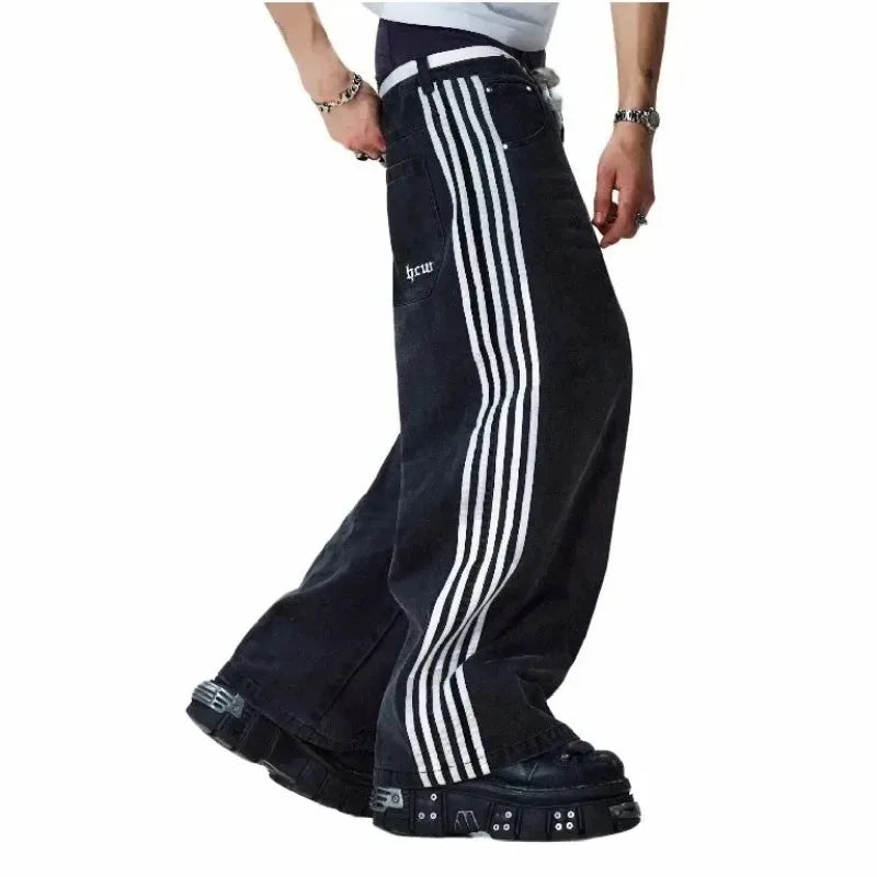 American Harajuku Style Baggy Jeans Y2K Streetwear Striped Denim Pants Men Women Casual Wide Leg Trousers Trendy High Street Pants