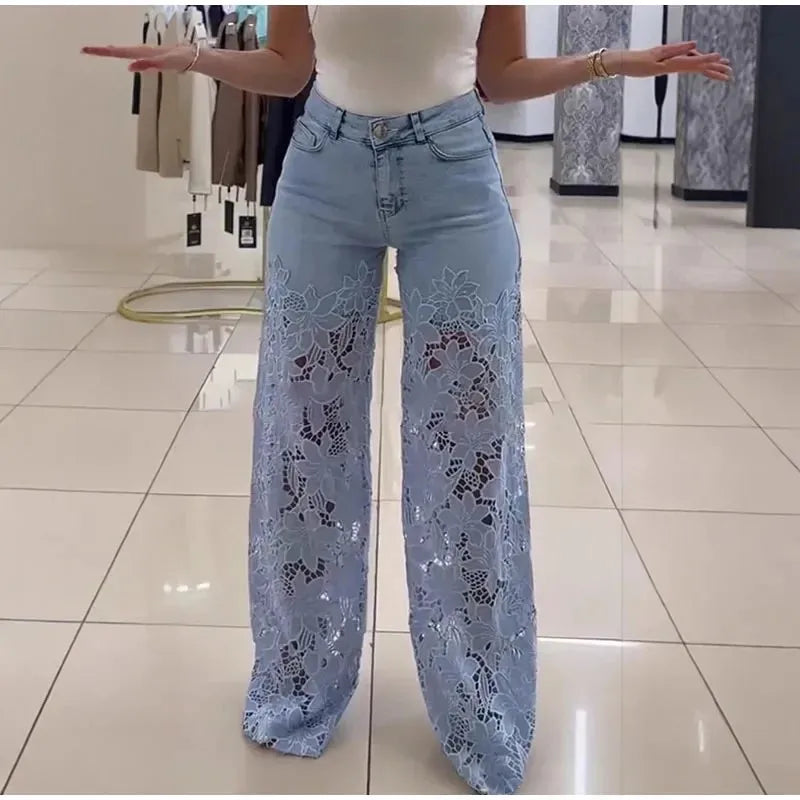 Jean Femme Taille Haute Jambe Large | Dentelle Ajournée Denim | Coton Printemps-Été | Style High Street | XS à XXXL