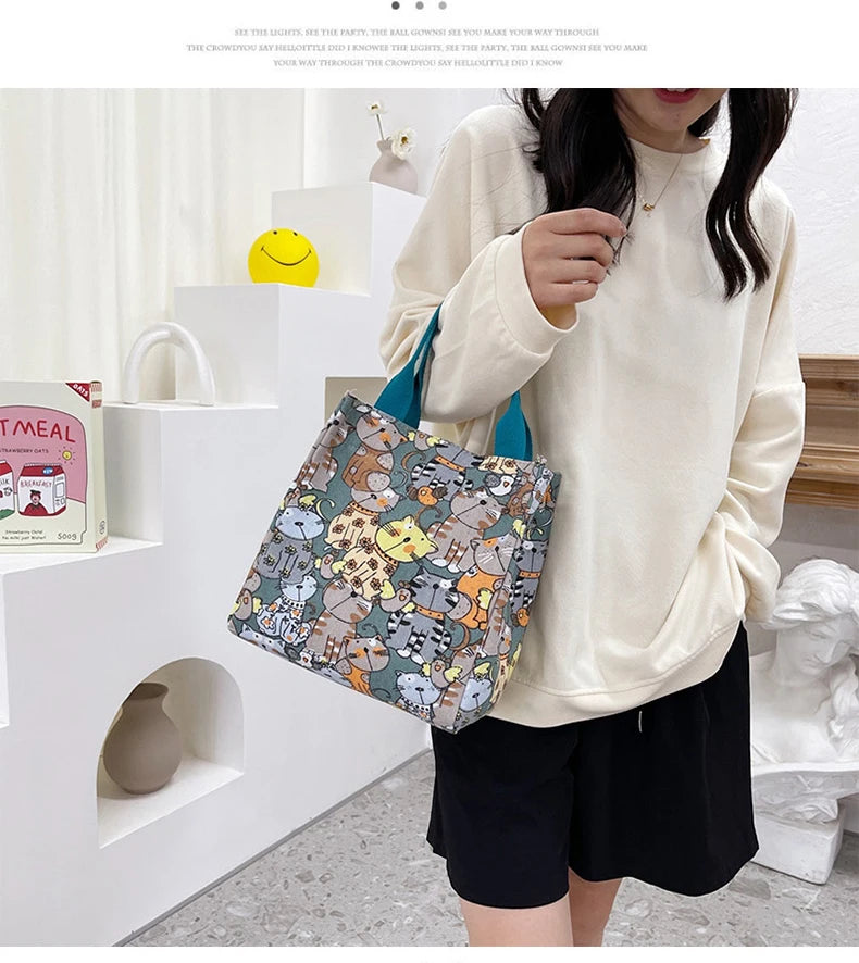 Fashionable Top-Handle Bag with Cute Cat Pattern, Portable Mommy Bag for Women