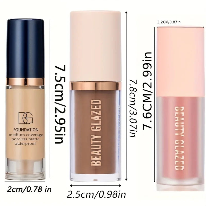 3pcs/Set Long-lasting Waterproof Facial Makeup Set,Blush+Contouring+Foundation,Fine Texture,Cover Blemishes,Enhance Contours