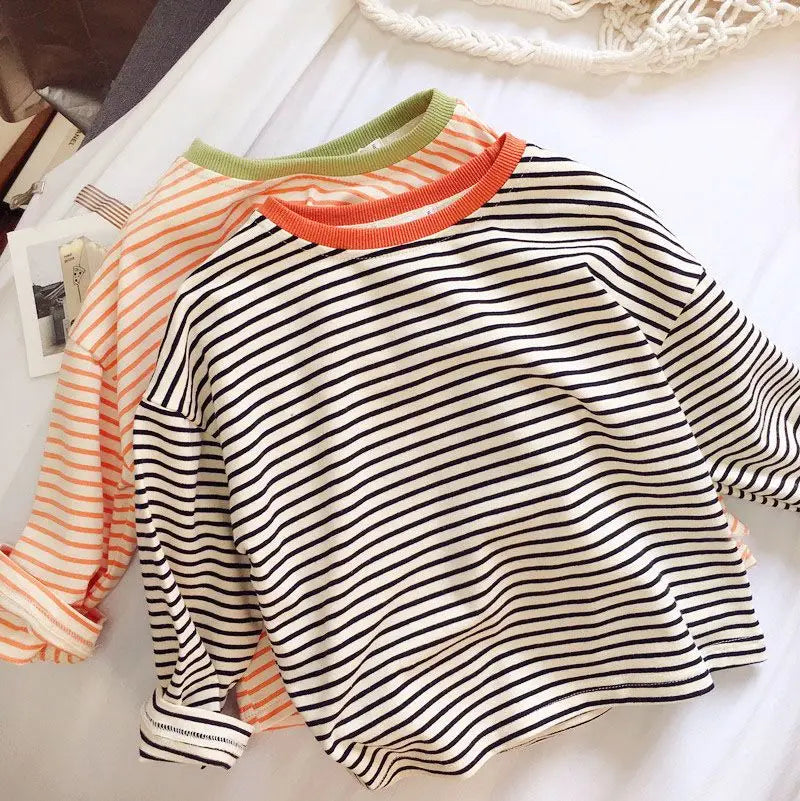 Boys and Girls Long-Sleeved T-shirt, Children's Base Layer, Spring and Autumn Pure Cotton Casual Versatile Striped Baby Top