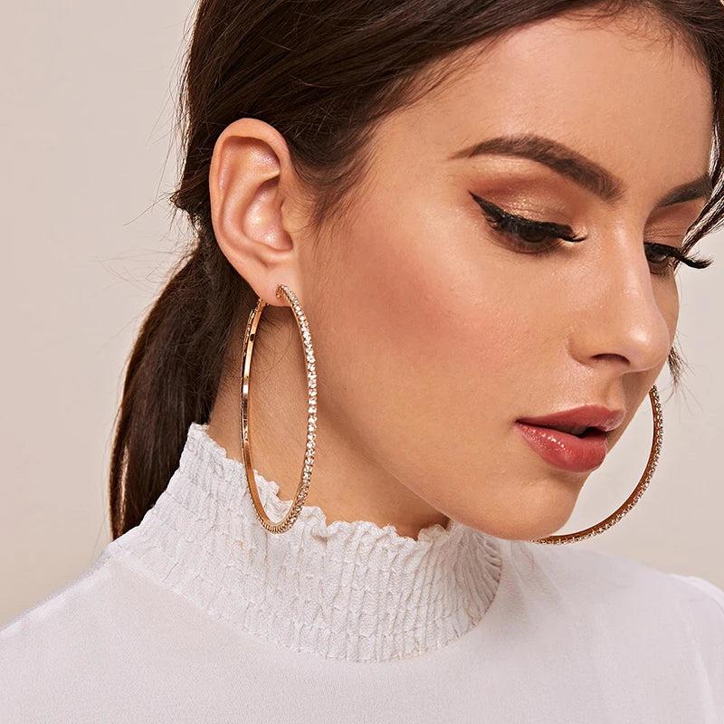 Grandes Boucles Créoles 30-80mm | Cristal Strass Cercle | Noir Or Argent | Femme Fille | Fête Cadeau