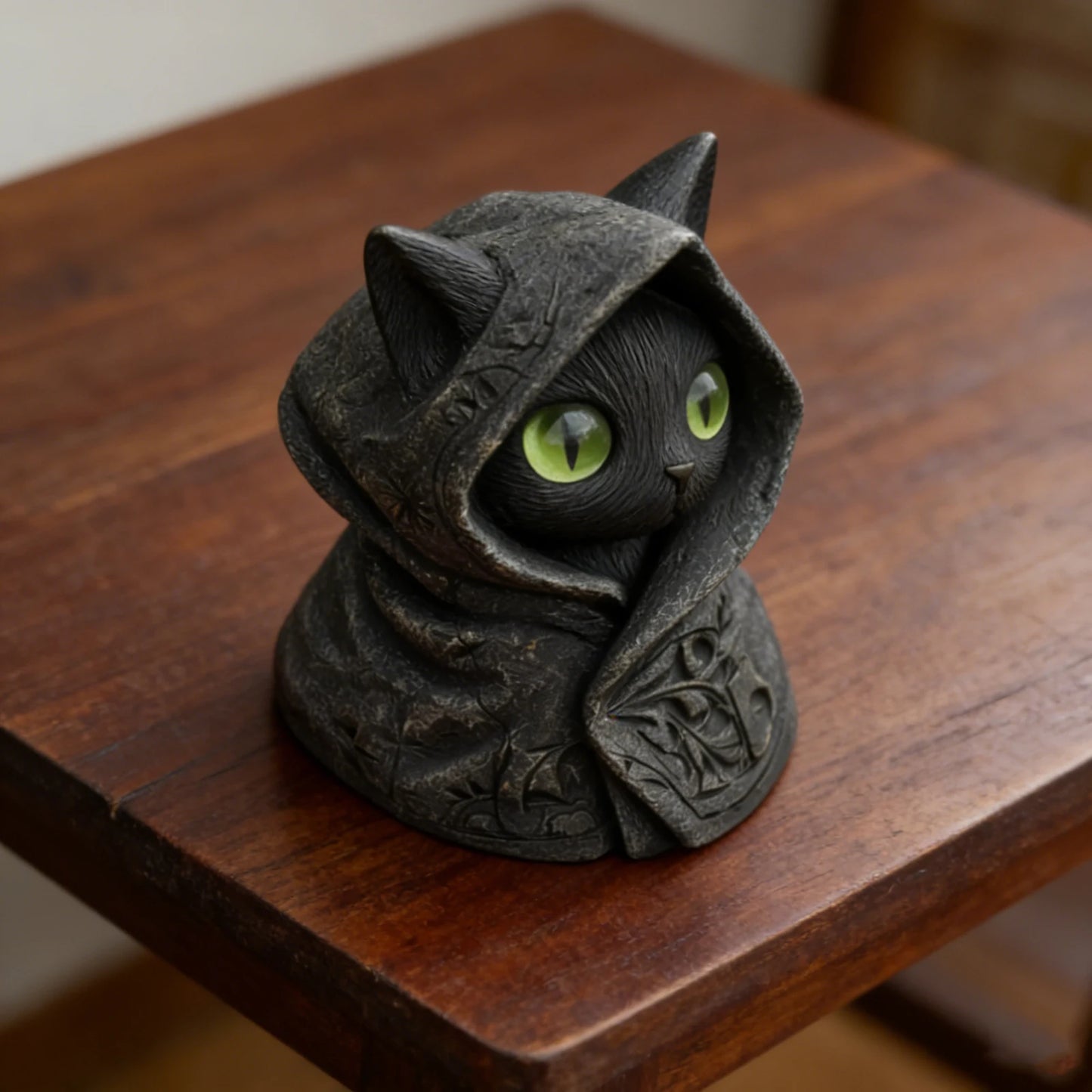 Cat Statue Home Decor Hooded Cat Figurine Tabletop Decoration Mystical Ornament Desk Accent Dark Cat Sculpture Resin Craft