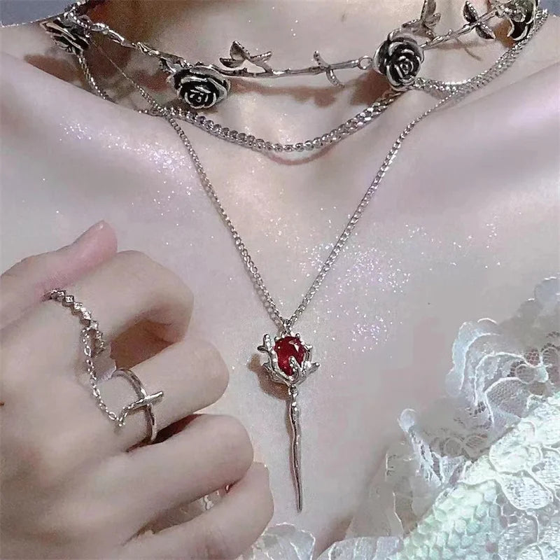 Double Layer Red Crystal Rose Pendant Necklace Layered Necklaces Thorn Rose Clavicle Chain Choker Earrings Goth Jewelry Set Gift