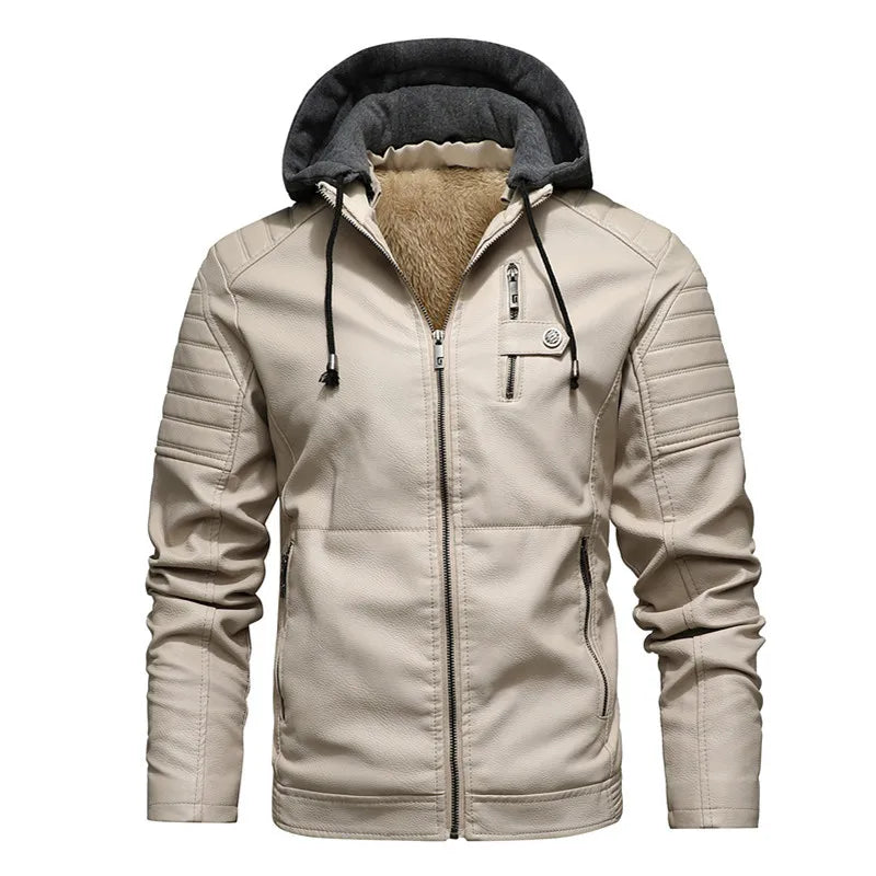 Men Hooded Leather Jackets Slim Fit Motorcycle PU Leather Coats High Quality Men Fleece Warm Leather CoatsSize 5XL